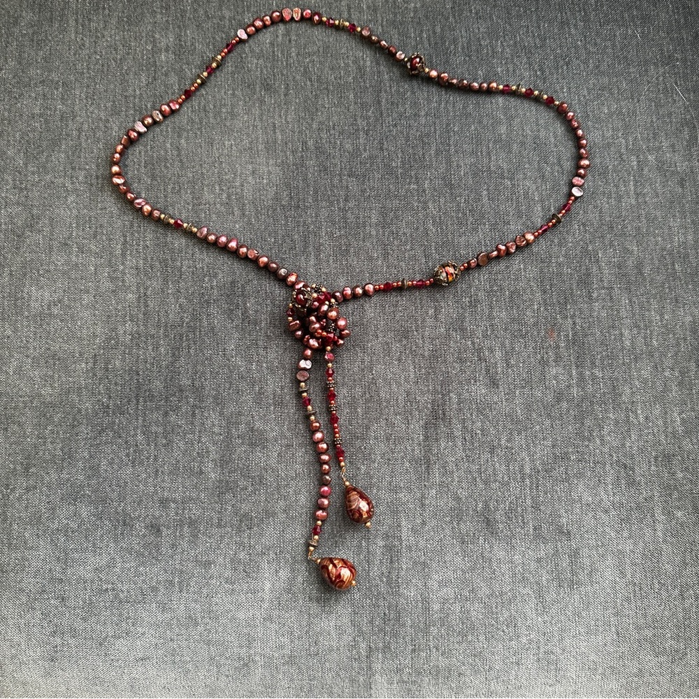 Artisan Hand Beaded Lariat Necklace in Burgundy